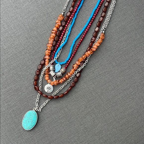 Jewelry - Women’s Multilayered Layer Turquoise and Silver Tree Leaf Brown Blue Necklace